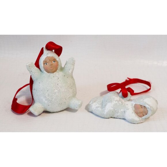 2 Vintage Christmas Snow Baby Tree Ornaments Alberta Ceramic Mold - Picture 1 of 5
